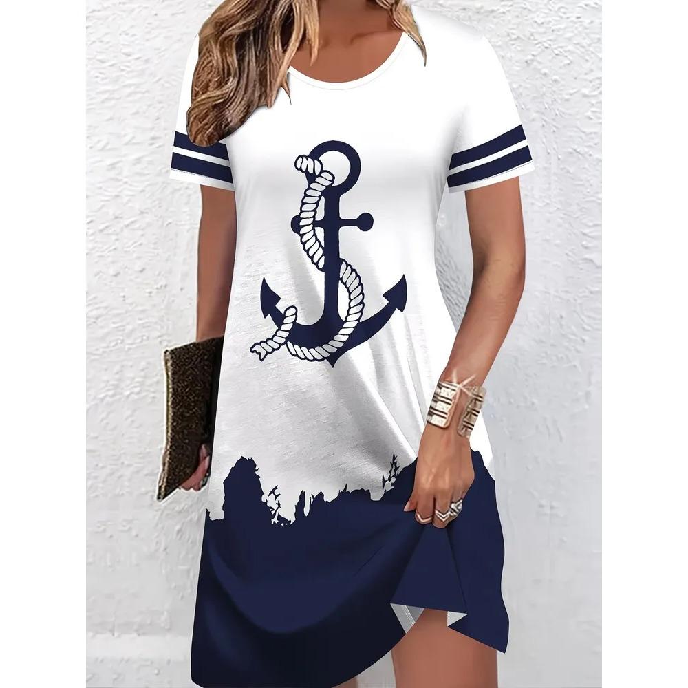 Creative Retro Geometric Stripes Patterns Women Mini Dresses Summer Short Sleeve Printed Plus Size Casual Comfortable Soft Dress