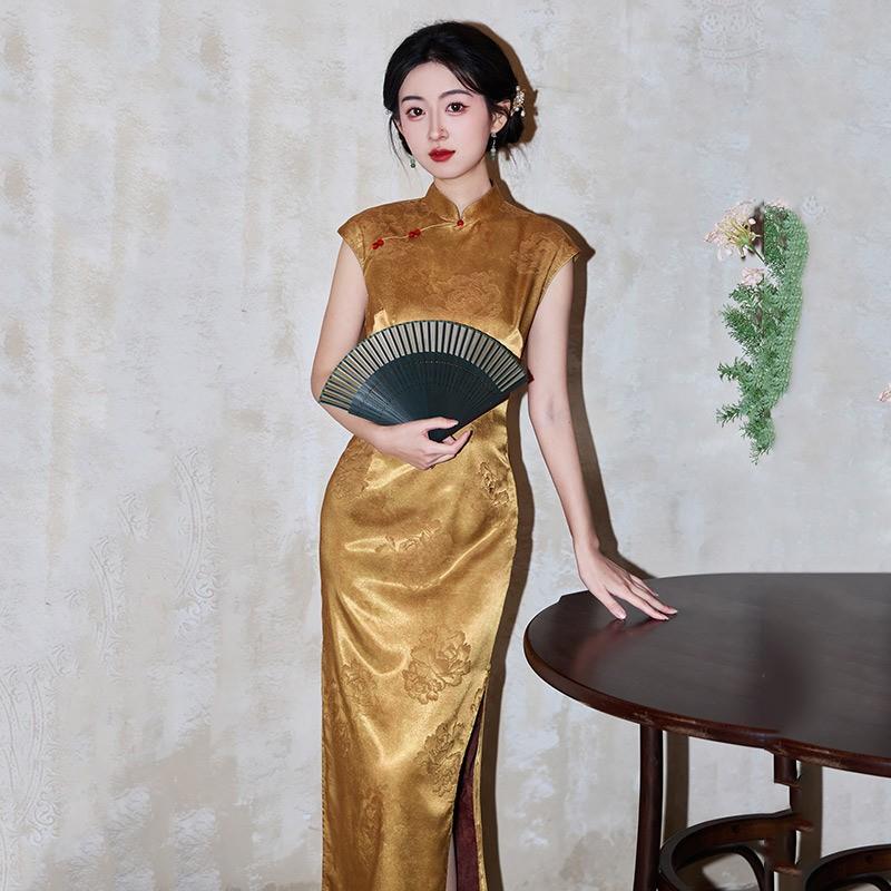 Elegant Sleeveless Long Cheongsam Dress In Golden Yellow Vintage Chinese Style Wear Women Small