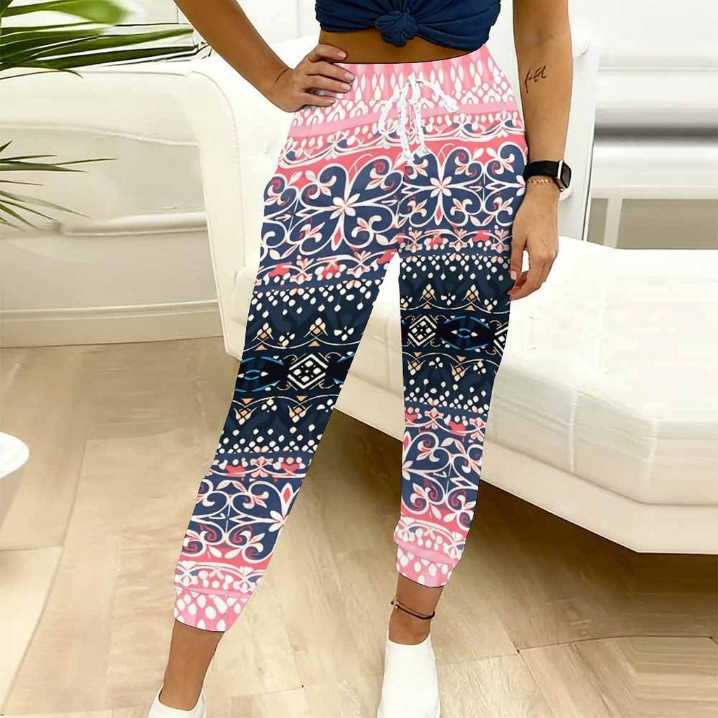 Summer Ladies Floral Print Sweatpants Loose Fit Drawstring Joggers Elastic Cuff Daily Casual Pants