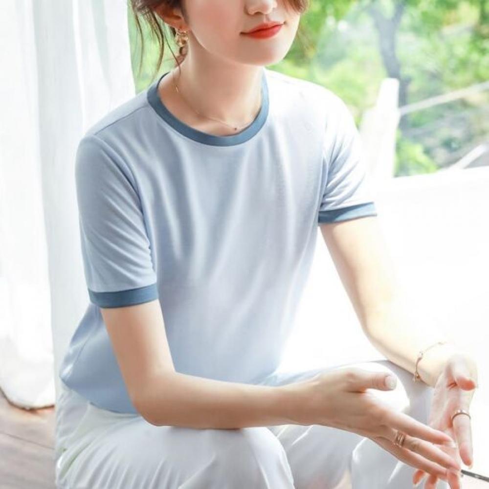 Navava Basic Simple Color Block Round Neck ShorT Sleeve T shirT nT3344