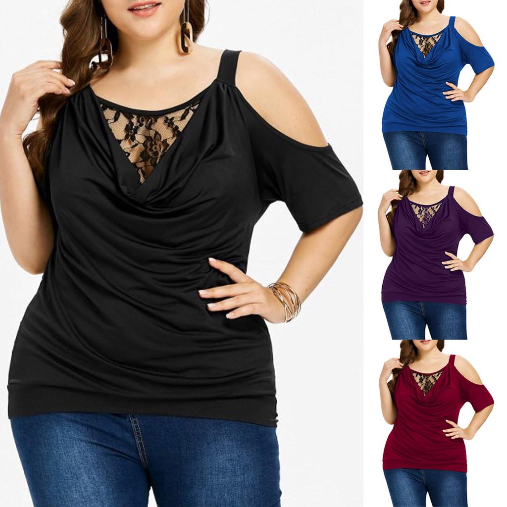 Fashion Womens Plus Size Lace Solid Cold Shoulder Cowl Neck T-shirt Tops Blouse