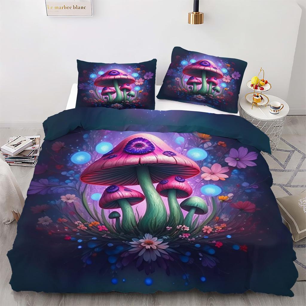 Fantasy-Pilz-Bettwäsche-Sets für Kinder Queen Leichte Steppdeckenbezüge Buntes Natürliches Wildpilz-Bettwäsche-Set Schlafzimmerdekoration