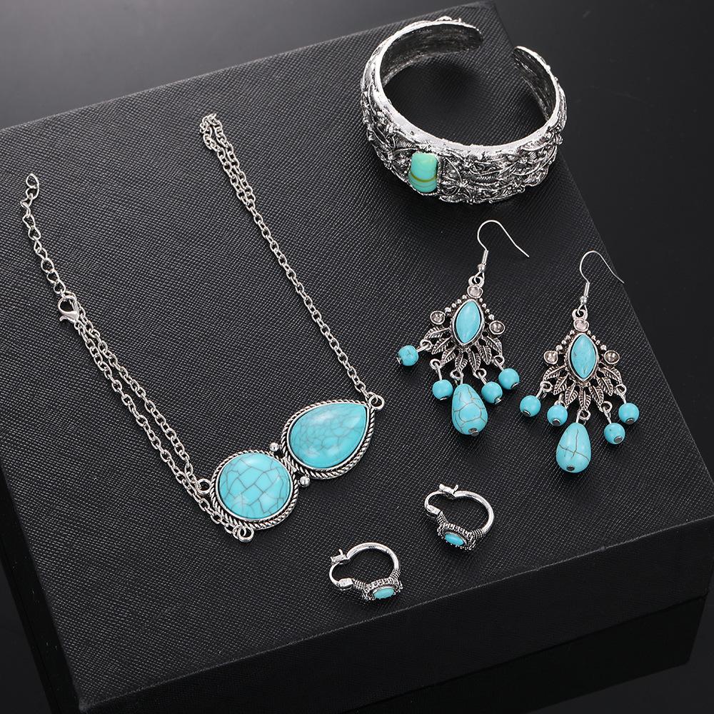 European and American Retro Ethnic Necklace Earrings, Turquoise Bracelet Ring, Light Luxury Fashion Bohemian Jewelry Set