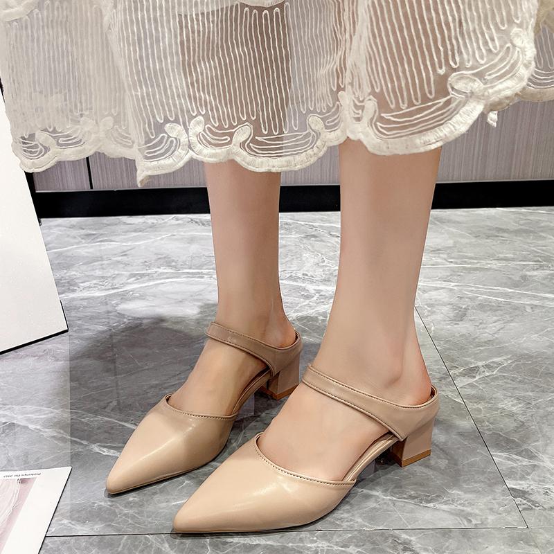 Fashion Block Heel One Strap Wrapped Slippers Women's Fashion Pointed Toe Shallow Mouth Cover Foot Non-Slip Kitten Heel Shoes