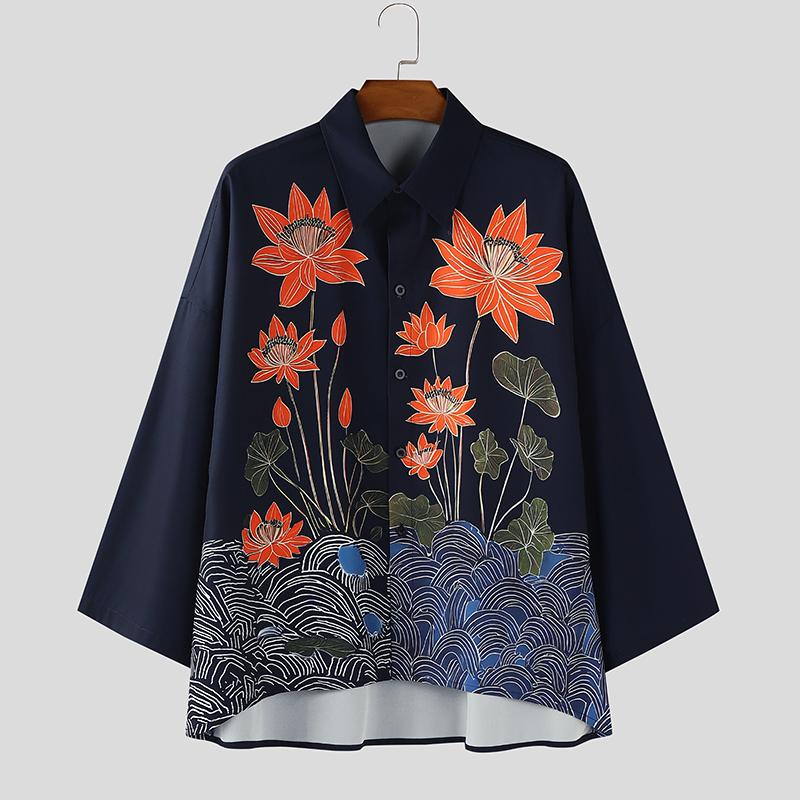

INCERUN Oversized Men Lapel 3/4 Sleeve Floral Print Casual Loose Shirts Tops 3XL оранжевый