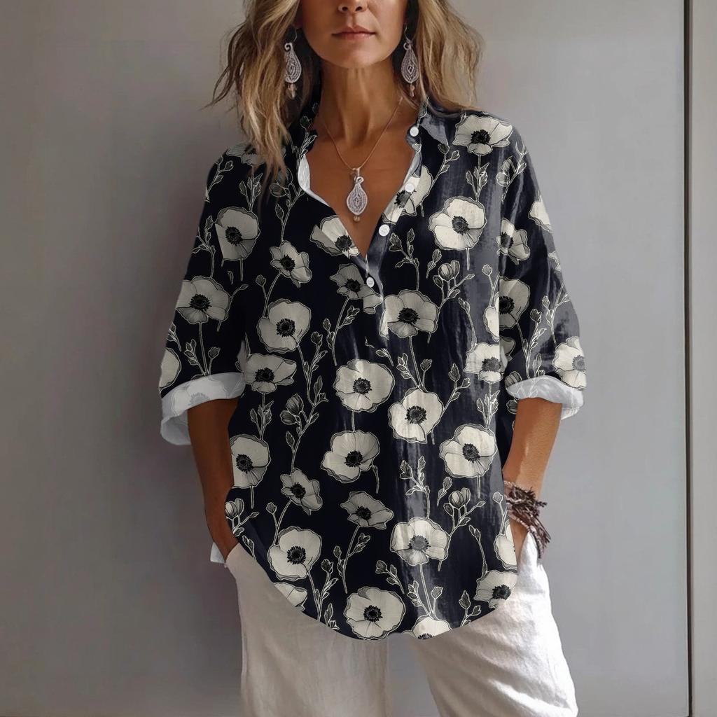 Chemise Pullover Décontractée à Revers et Manches Décontractées Imprimée Ample pour Femmes Printemps et Été