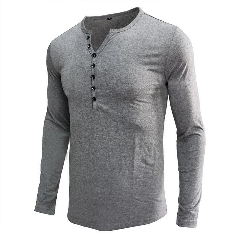 Herren Henley-Kragen Langarm-T-Shirt Unifarben Slim Fit Knopfleiste Lässiges Unterhemd Trendige Oberteile