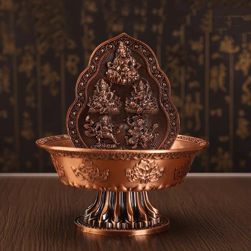 Buddhist Guardian Cup,Antique Red,Alloy Eight-Faced God Wealth Handicraft Tibetan Religious Item Altars Holy Water Plate,1Set