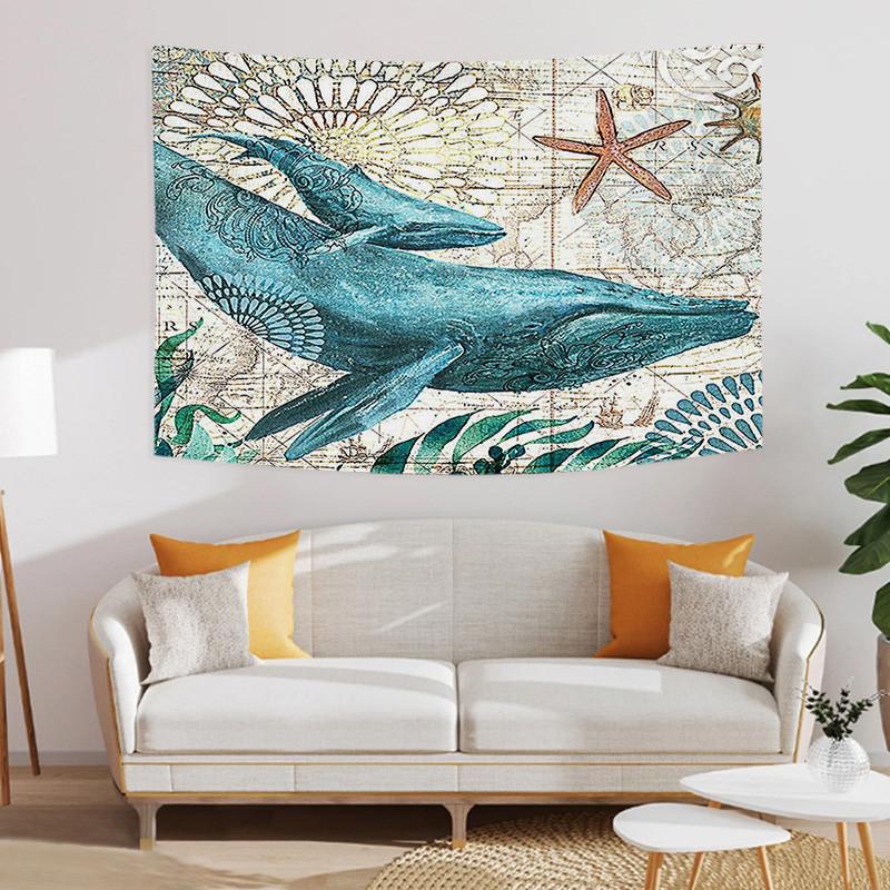 Undersea World Tapestry Blue Whale Octopus Seahorse Printed Pattern Tapestry Wall Hanging Tapestries for Bedroom Dorm Decor
