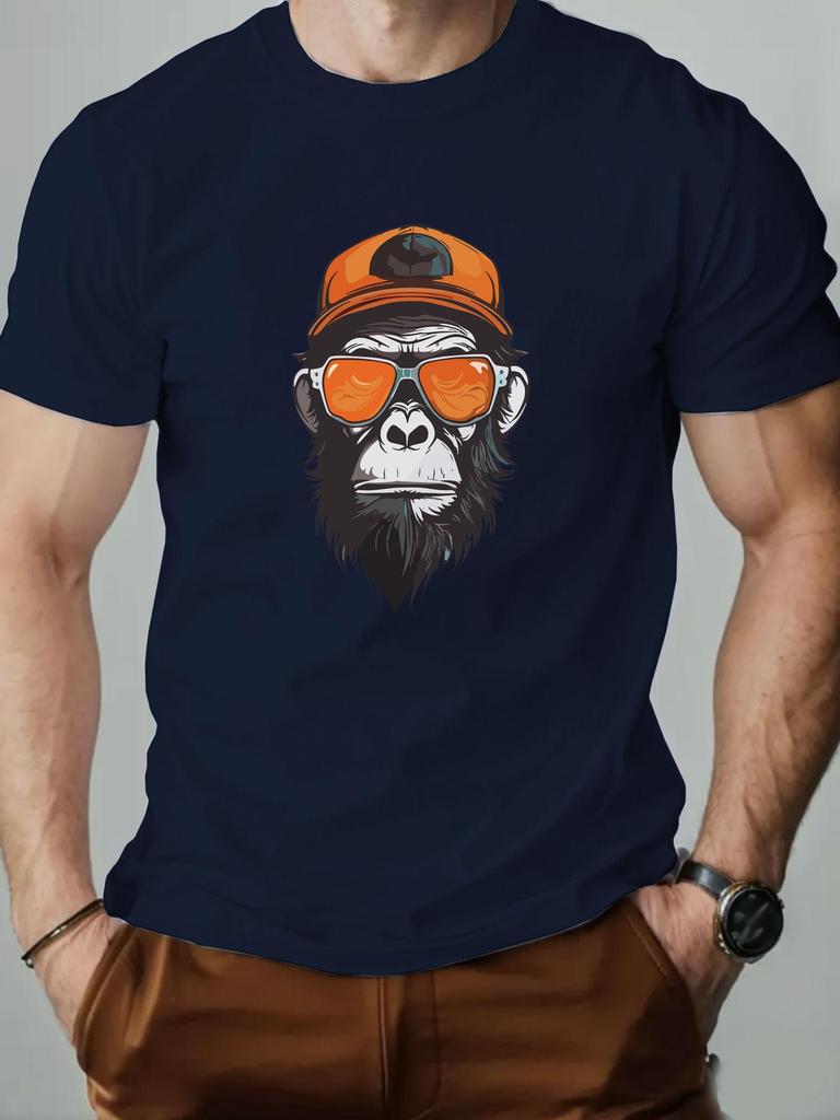 Men's Casual 100% Pure Cotton Summer Fashion Monkey Print Round Neck Short Sleeved Daily Outdoor Breathable T-shirt