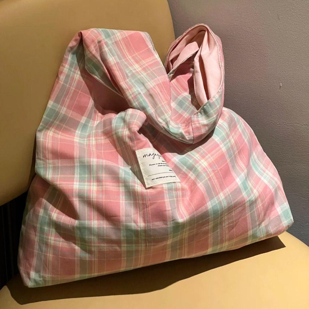 Embroidered Bow Canvas Plaid Shoulder Bag Double Side Underarm Bag Casual Cloth Hobo Bag Daily