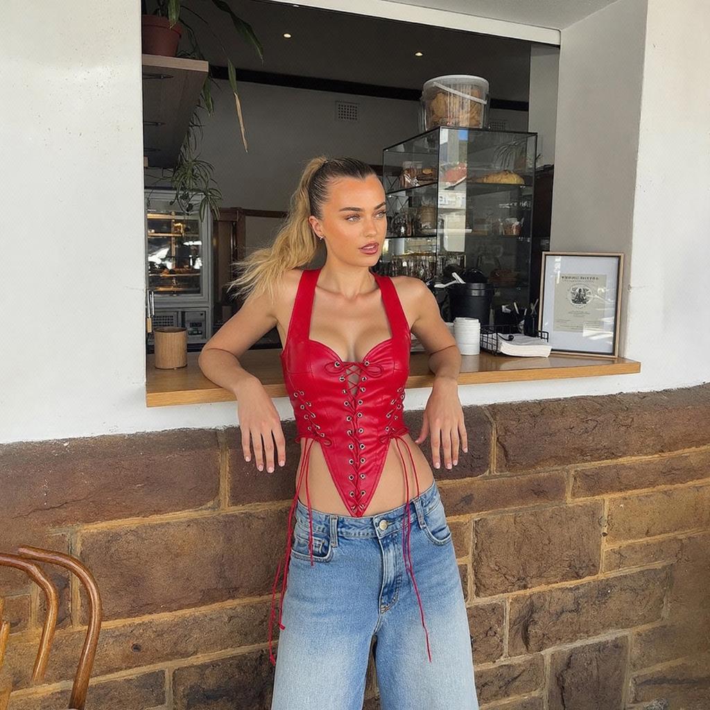European and American style autumn new women's clothing fashion Spice Girls sexy hollow backless contrasting color straps PU leather small vest