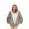 Giacca da Donna Grigia in Camoscio Sintetico con Cappuccio e Bordatura in Pelliccia Sintetica, Cappotto Invernale Caldo Oversize