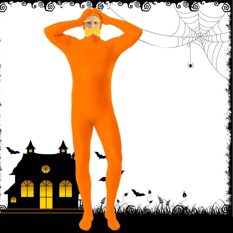 Tuta Zentai Arancione per Uomo Donna Costume Cosplay Tuta Festa di Halloween Baffi e Sopracciglia Gialli Travestimento