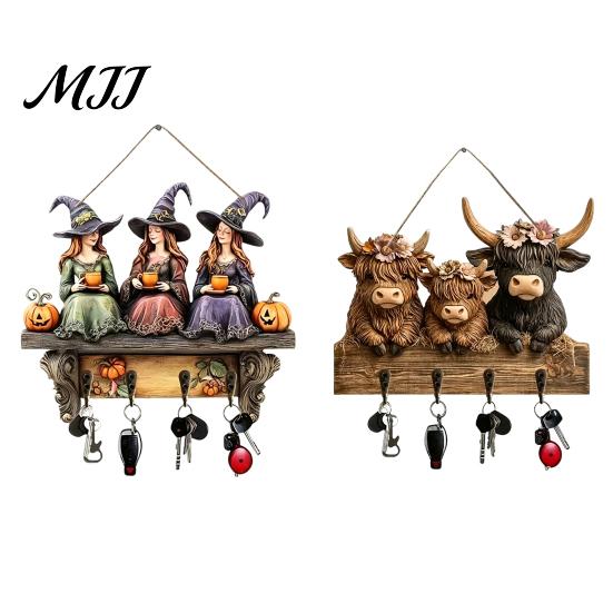 Dunkle Ästhetik Wandkunst Halloween Eingangsbereich Schlüsselhalter mit 4 Haken, Hängendes Holzschild, Montierbares handgefertigtes Holzhandwerk Rack für Schlüssel Taschen Und Leinen,