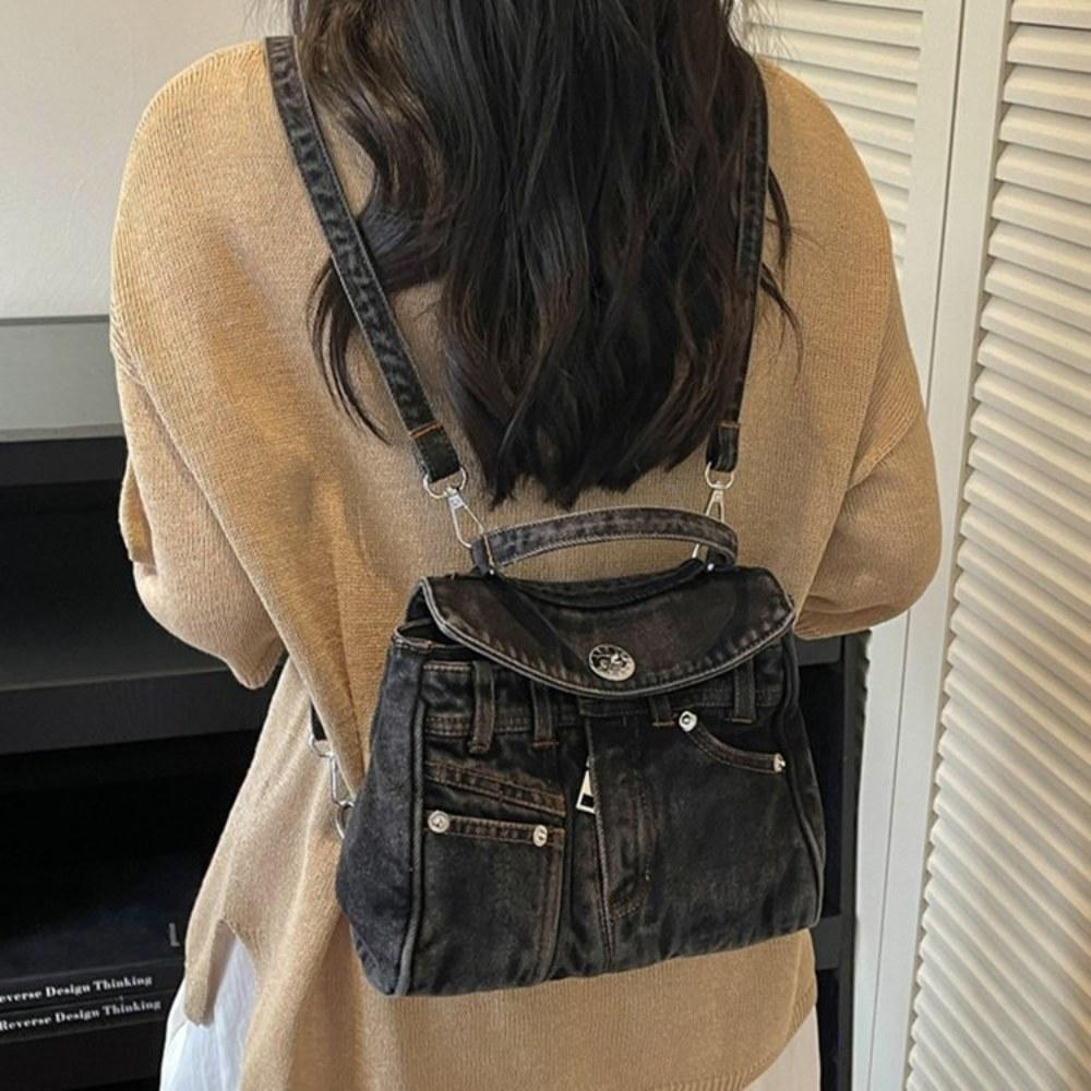 Women Vintage Multi Pocket Denim Backpack with Adjustable Strap for Daily Commute