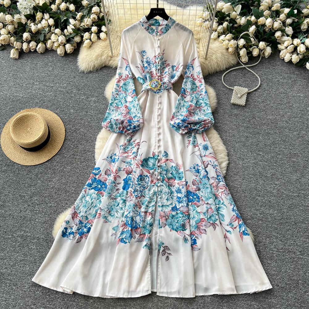 Spring Summer Fashion Vintage Flower Maxi Dress Women's Stand Collar Long Lantern Sleeve Single Breasted Floral Print Belt Slim Boho Dress