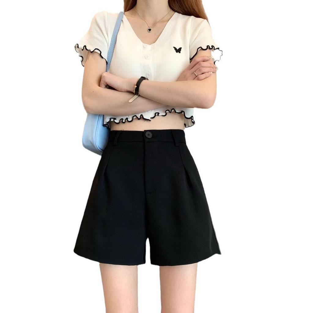 Women's High Waist Black Casual A-line Summer Sports Shorts - Loose Fit, Wide Leg, 2026