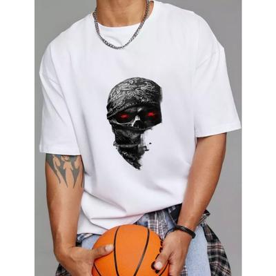 T-shirt blanc pour homme avec graphisme crâne bandana yeux rouges pour tenue décontractée