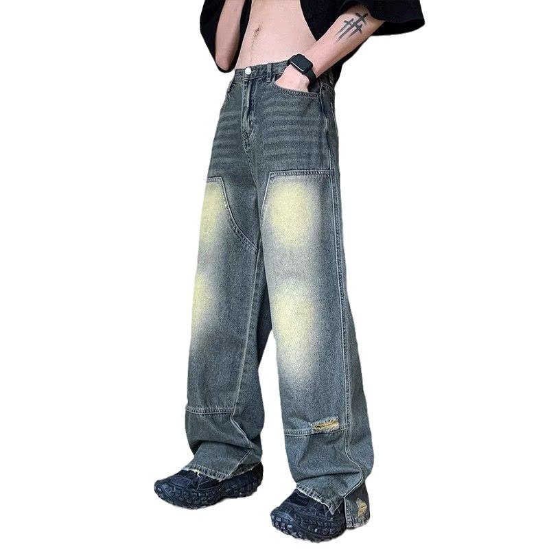Washed old ripped jeans men's summer American h pants trendy brand drape wide leg straight mopping pants