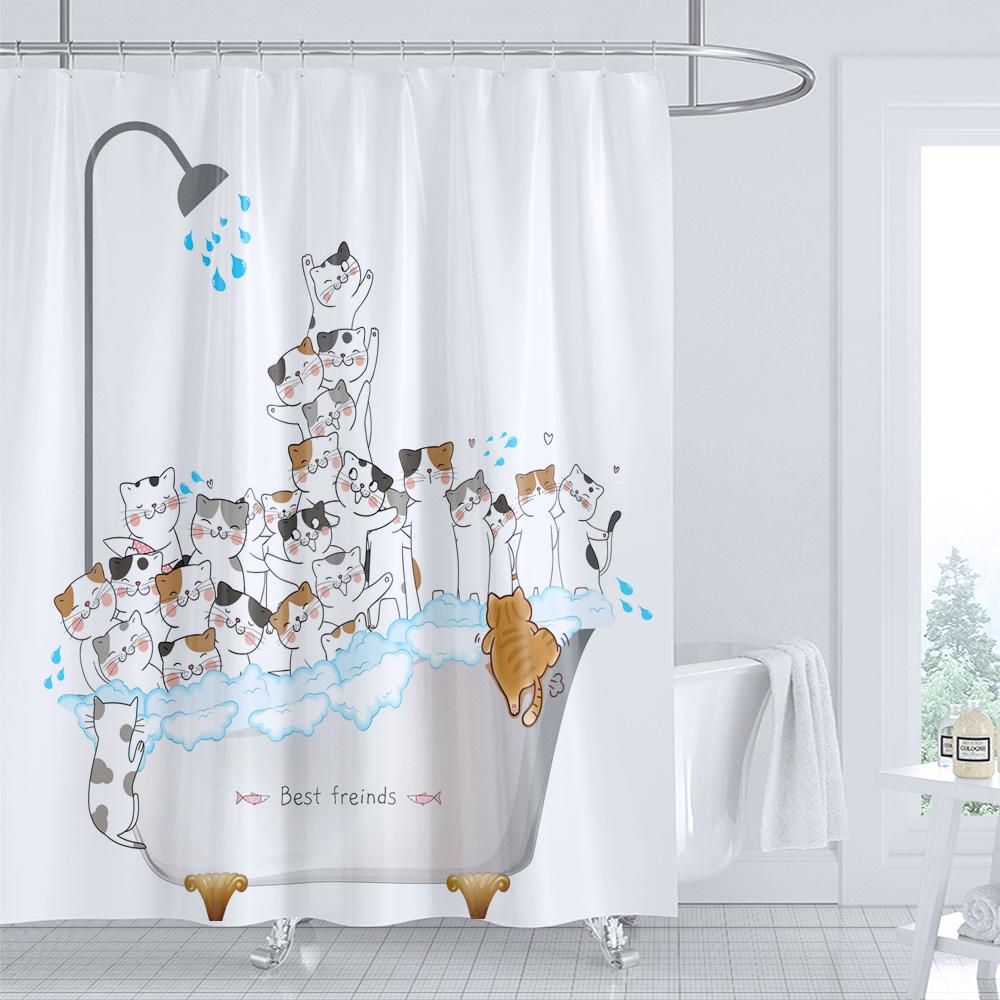 Cat Printed Shower Curtain Cartoon Animal Bath Curtains Bathroom For Bathtub Bathing Cover Shower Curtains with 12 Pcs Hooks