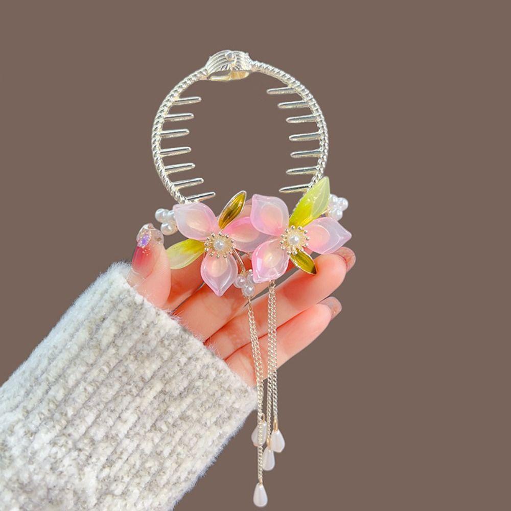 Antique Flower Horsetail Buckle Pearl Hanfu Headwear Temperament Flower Ponytail Holder  Lady