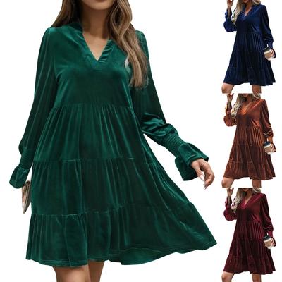 Women'S V-Neck Long Sleeved Solid Color Velvet Dress For Women