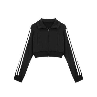 College-Stil Drei-Streifen Kurzes Sweatshirt für Damen Vielseitige Frühling und Herbst Schwarz Sportlich Slim-Fit Jacke