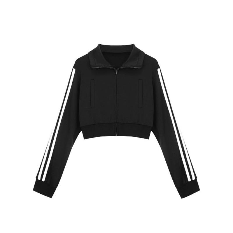 

Укороченный свитшот в стиле колледжа с тремя полосками для женщин, универсальная спортивная приталенная куртка на весну и осень, черная XXL чёрный