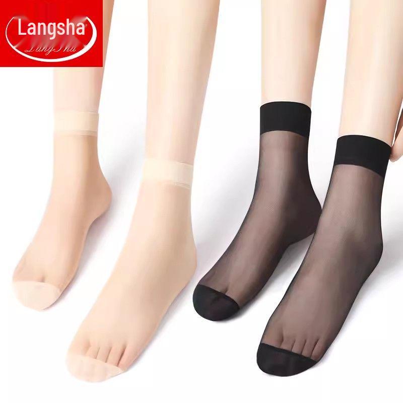 Langsha Women's Mid-Calf Ultra-Thin Black Silk Stockings - Transparent, Core-Spun Short Socks for Summer