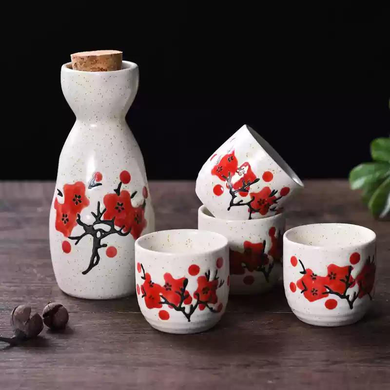 5-Piece Wine Set Japanese Maneki Neko Ceramic Sake Set (1 TOKKURI Bottle 200ml and 4 OCHOKO Cup) Lucky Cat Drinkware