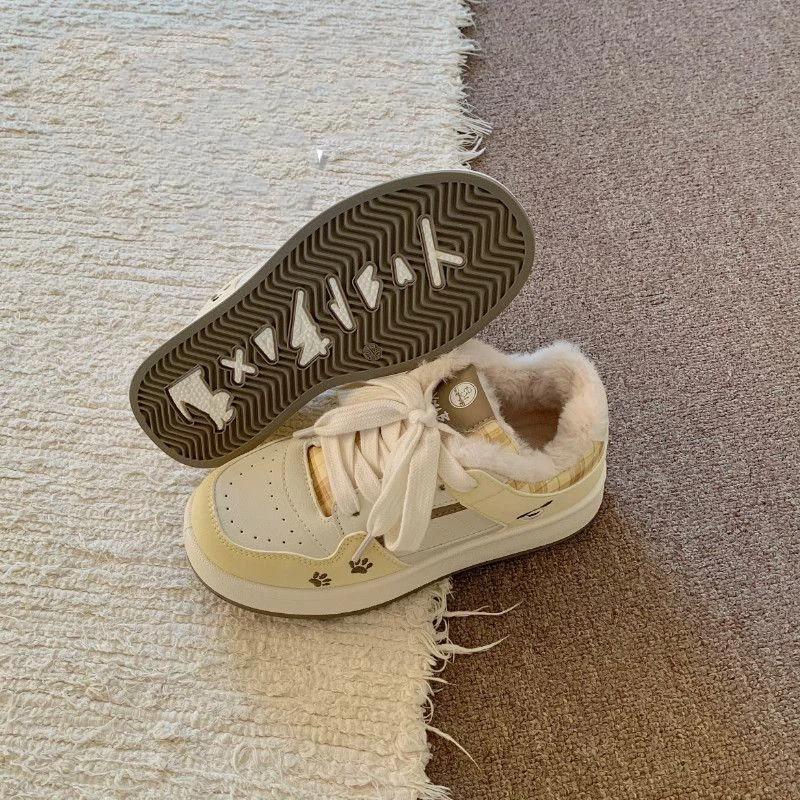 Fleece Lined Platform Bread Shoes Women Warm Lace Up Winter Sneakers 40 жёлтый