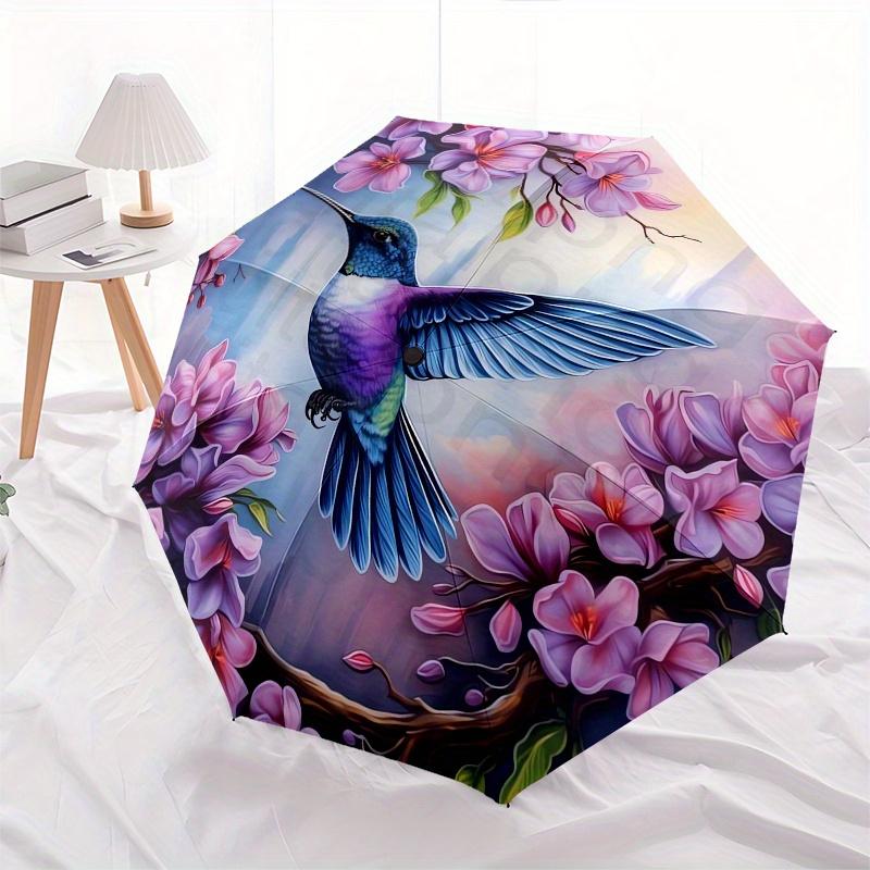 Hummingbird, Floral Automatic Folding Umbrella  8 Ribs, Durable Iron Frame, Bright Color Pattern Compact Travel Umbrella, Suitable for Outdo
