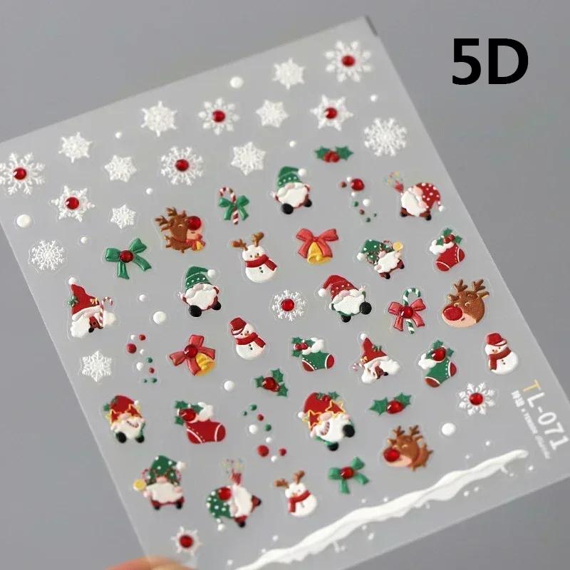 Gold Stamped White Christmas Tree Snowflake 3D Self Adhesive Nail Art Stickers Santa Claus Elk Xmas Cartoon Cute Manicure Decals