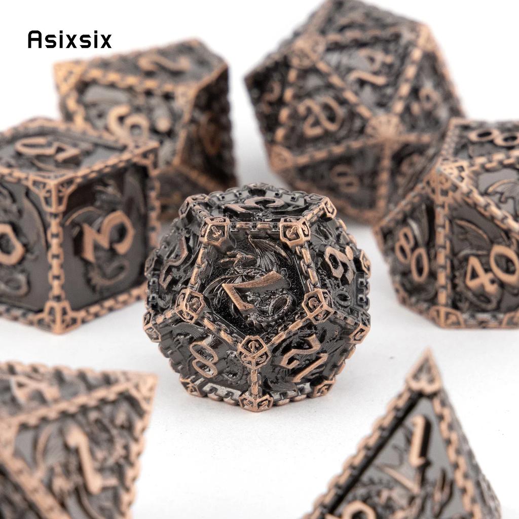 7 Pcs Copper Dragon Metal Dice Solid Metal Polyhedral Dice Set Suitable For Role-Playing Dice PropBoard Game Gift