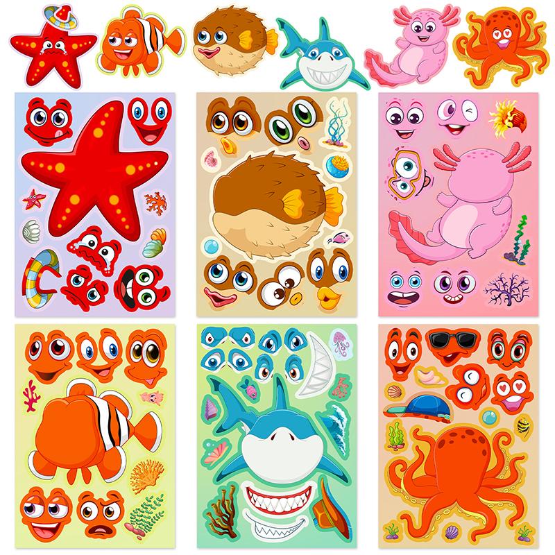 6Sheet/Lot Cartoon Face Change Sticker Marine Animal Vehicle Styles Colorful Shape Cognition Festival Party Carnival Gift QC-ZYF