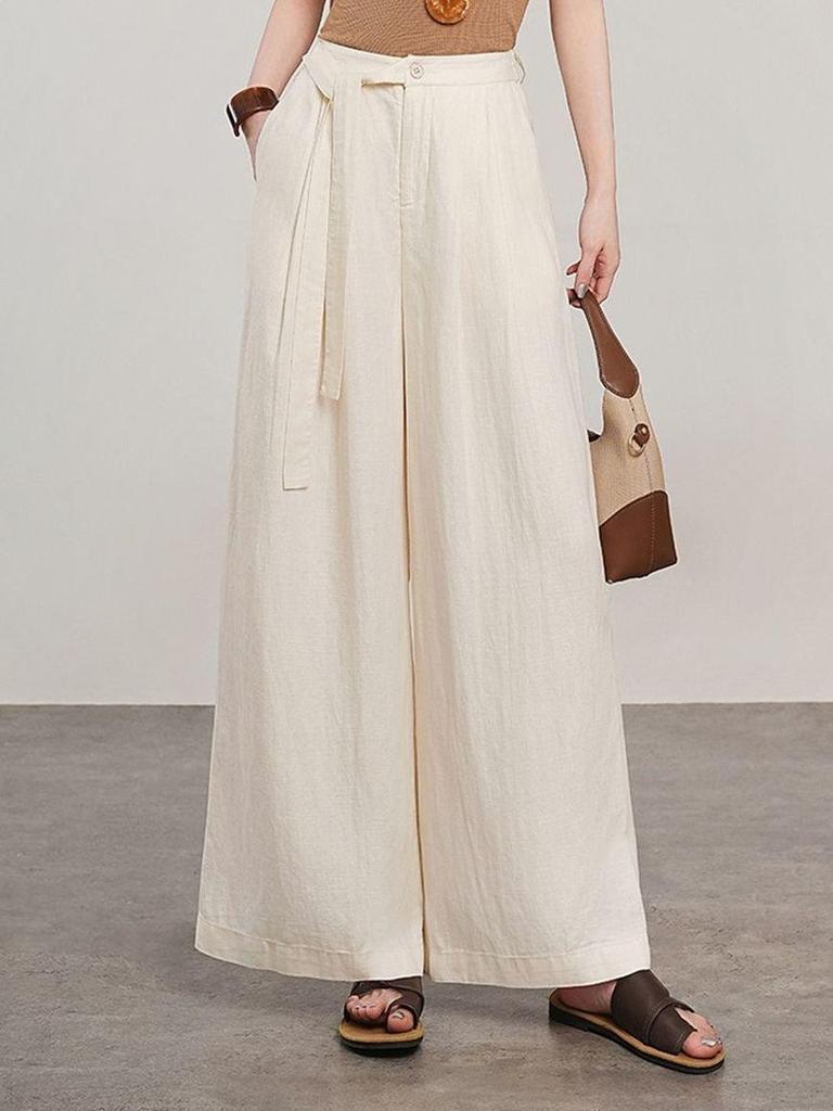 Lace-Up High Waist Cotton Linen Wide-Leg Cropped Pants