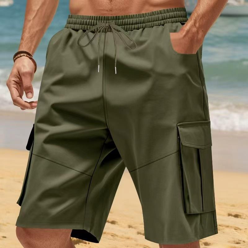 Summer Loose Men's Safari Style Shorts Multi Pockets Casual Loose Fit Straight Elastic Waist Beach Shorts