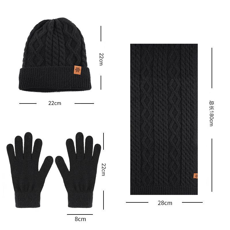 Knitted Hat, Men's Winter Velvet Thickened Gloves, Hat, Scarf, Three-piece Outdoor Cycling Wool, Knitted Hat
