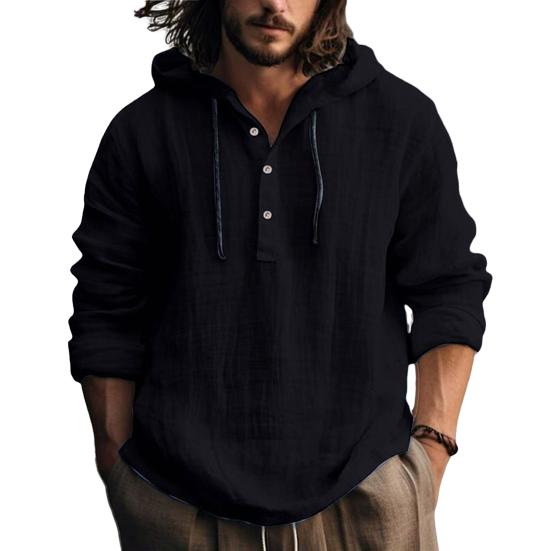 

Мужская футболка с капюшоном, пуговицами, половинной планкой, регулируемой завязкой, длинным рукавом, однотонная свободная спортивная толстовка S чёрный