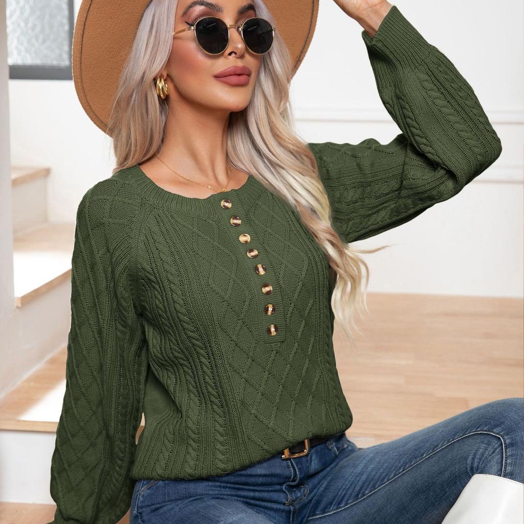 GMXIA Solid Color Print Autumn Winter O-Neck Casual Button-twisted Long Sleeve Twist Knit Pullover Sweater for Women