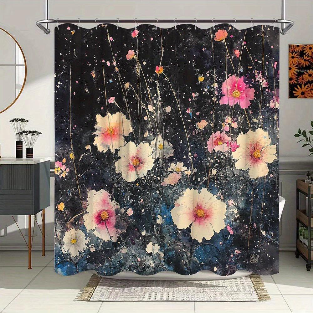1pc Cosmos Flowers Shower Curtain Dreamy Bathroom Decor Featuring Pink White Cosmos Flowers Starry Night Sky Dark Blue Purple Ba 90x180cm