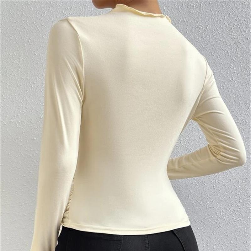 Semi High Neck European American Style Solid Color Slim Fit Base Layer Shirt Versatile Gather Detail Design Long Sleeve T Shirt Women Top
