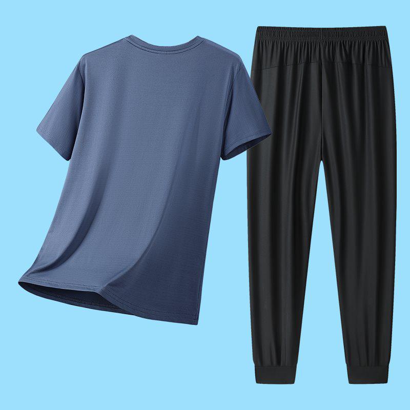 2026 Men's Summer Ice Silk Casual Round Neck Short Sleeve & Long Pants Set