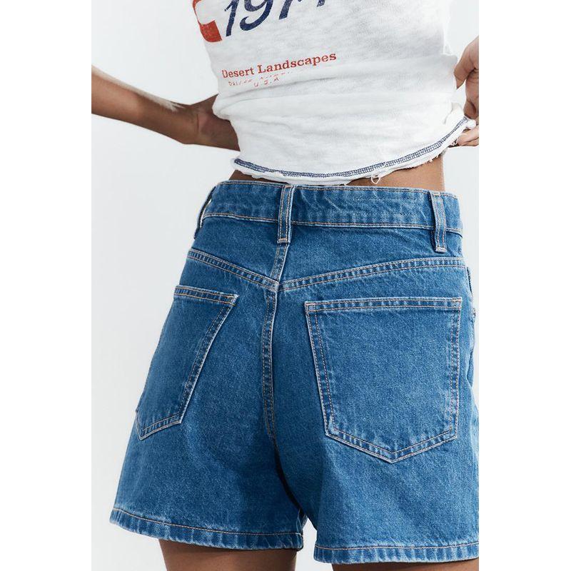 Summer Women's Clothing Asymmetric Design Perforated Hole Decoration Loose Plaid High Waist Denim Shorts 4060006