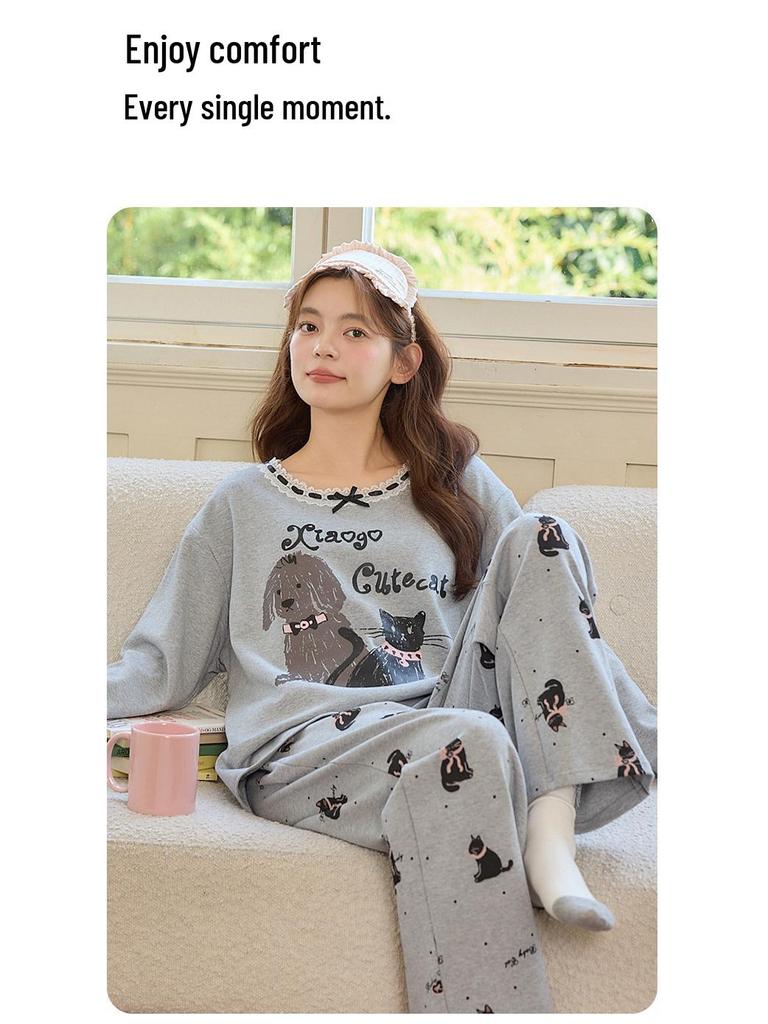 Women's Cute Cartoon Cotton Pajama Set with Chest Pad – Long Sleeve & Pants for Spring/Autumn