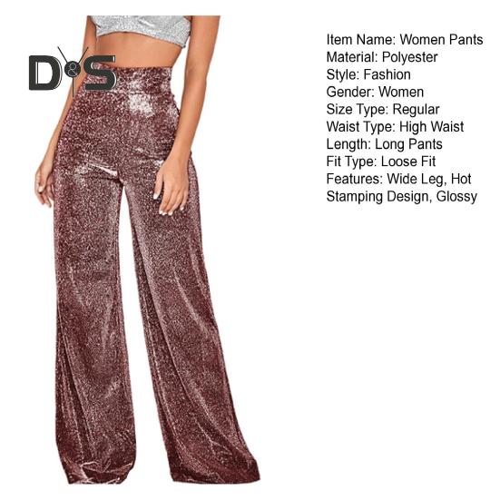 Spodnie damskie z szerokimi nogawkami i nadrukiem na gorąco, błyszczące, długie, klubowe, występy, zapięcie na suwak, spodnie z brokatem