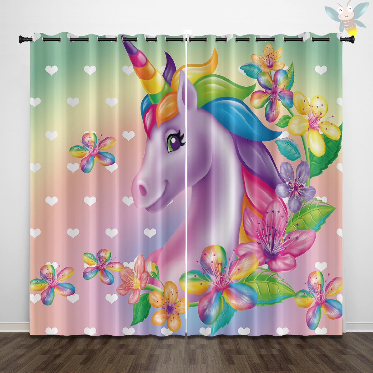 

2 шт. занавесок с рисунком мечтательной рогатой лошади, розовая мультяшная цветочная радуга для декора спальни, гостиной 140x160cm&Grommet Top