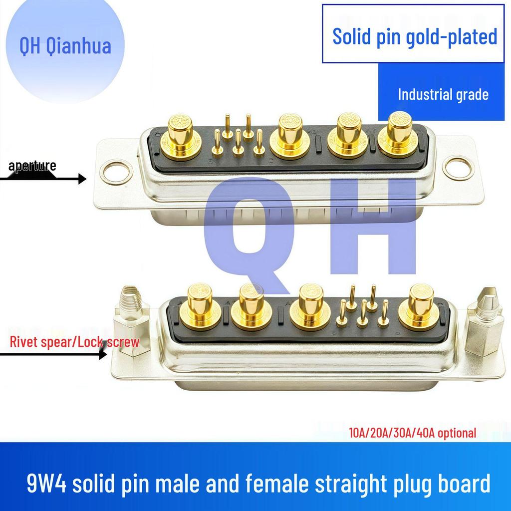 High Current 9W4 Mixed Load Male Female D-SUB Connector, 5+4 Pin, Straight Through, Rivet Spear, Solder Board Type