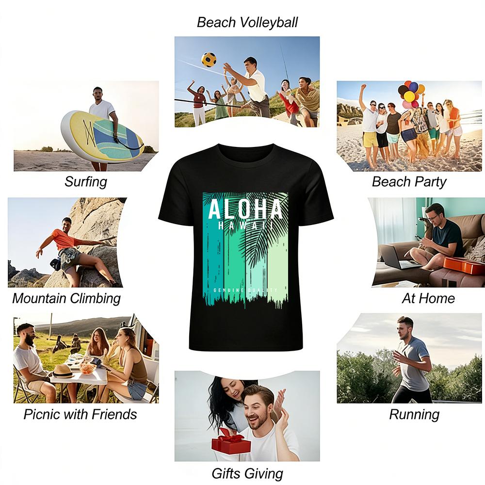 Aloha Hawaii Print Gradient Short Sleeve Casual Vacation T-Shirt Pure cotton T-shirt